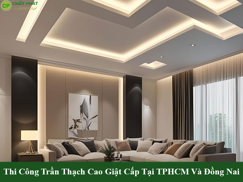 Mẫu trần nhà thạch cao giật 3 cấp phòng khách sang trọng