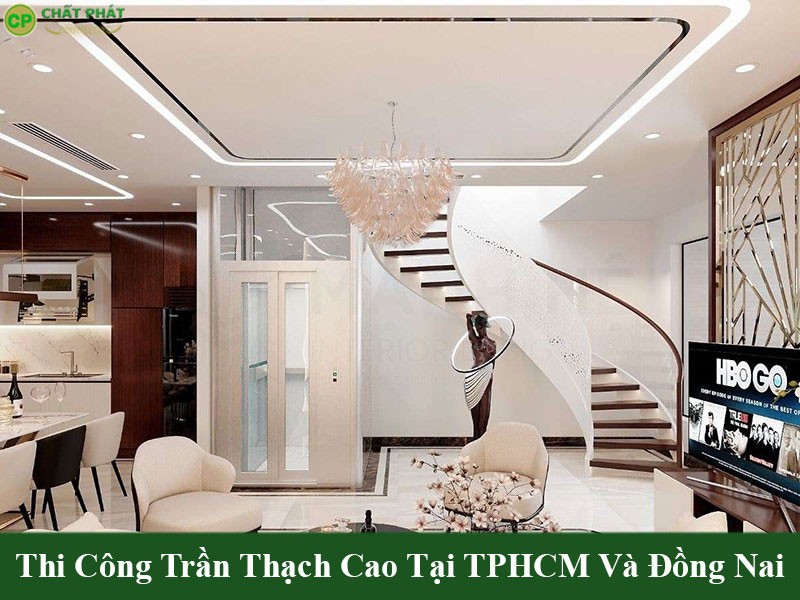 Mẫu trần thạch cao phòng khách đơn giản, sang trọng