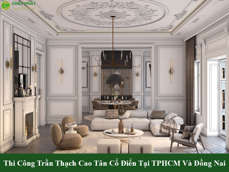 Mẫu trần thạch cao tân cổ điển phòng khách sang trọng 