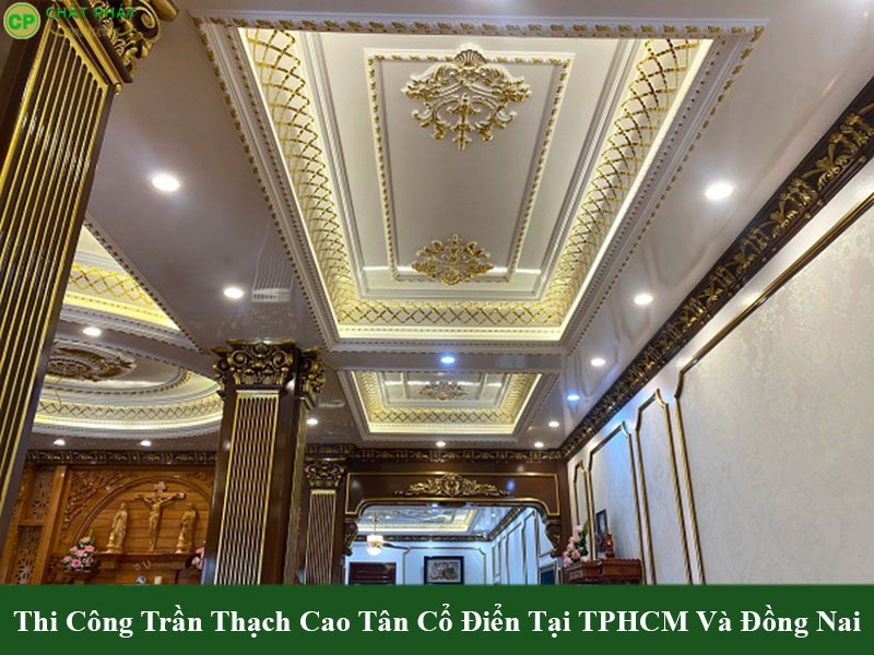 Mẫu trần thạch cao tân cổ điển phòng khách có đèn LED