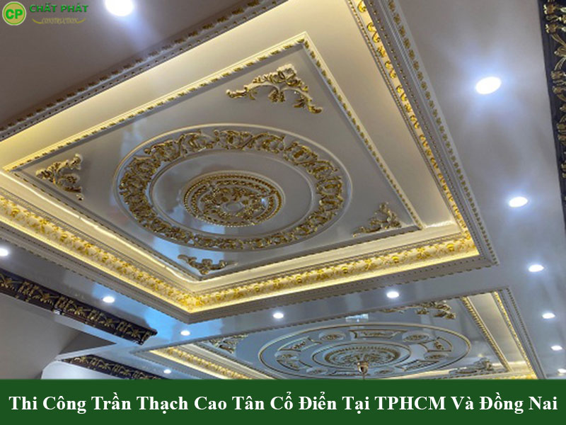 Mẫu trần thạch cao tân cổ điển cho phòng khách hoa văn tinh tế 
