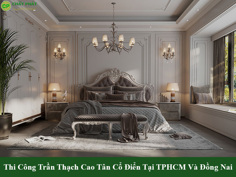 Mẫu trần thạch cao tân cổ điển phòng ngủ kết hợp đèn chùm 