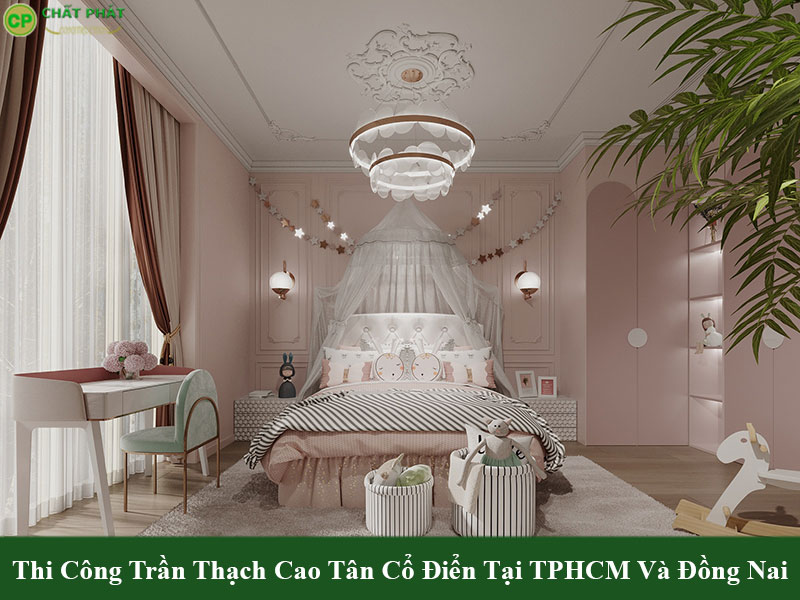 Mẫu trần thạch cao tân cổ điển phòng ngủ bé gái